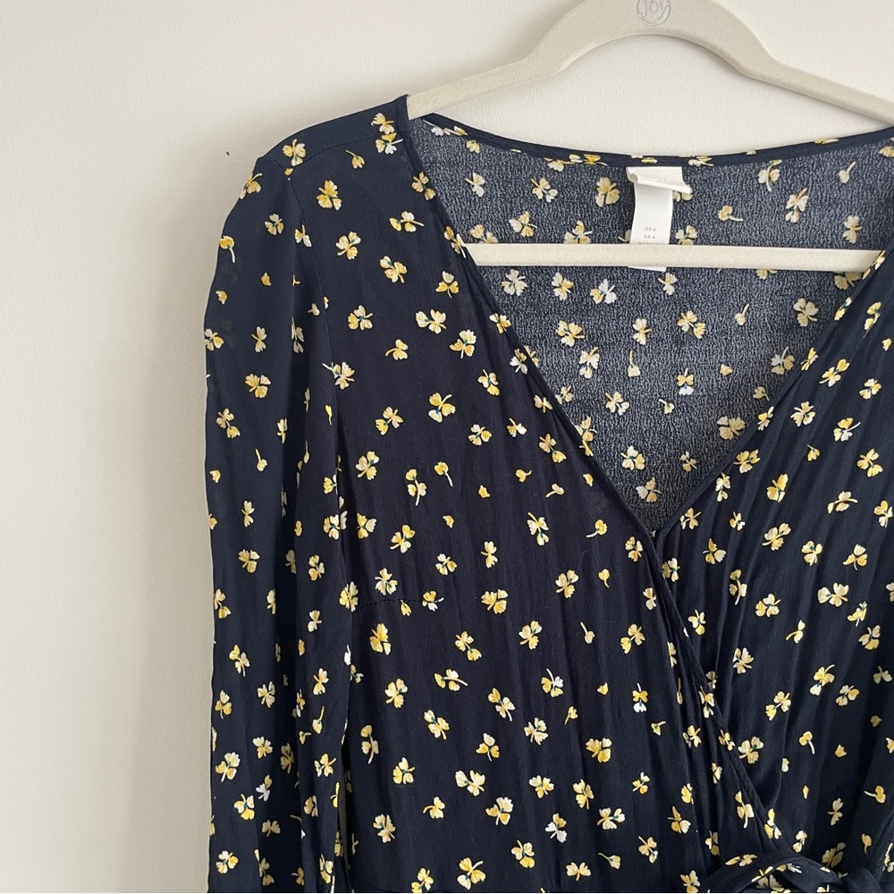 Cottagecore Navy Blue / Yellow Floral Wrap Maxi Dress